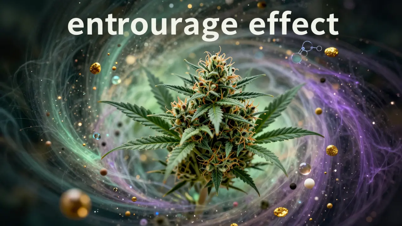 Umělecké znázornění CBD květu obklopeného barevnými částicemi terpenů a flavonoidů.