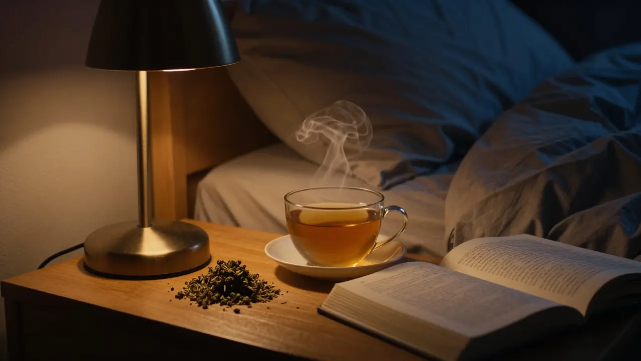 Večerní rituál s CBD květy, šálkem čaje a knihou v teplém osvětlení ložnice.