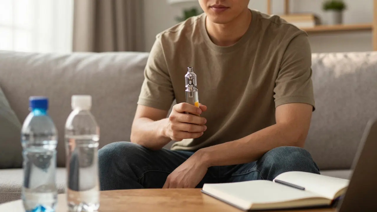 Člověk s vapem v obývacím pokoji při odpovědném používání
