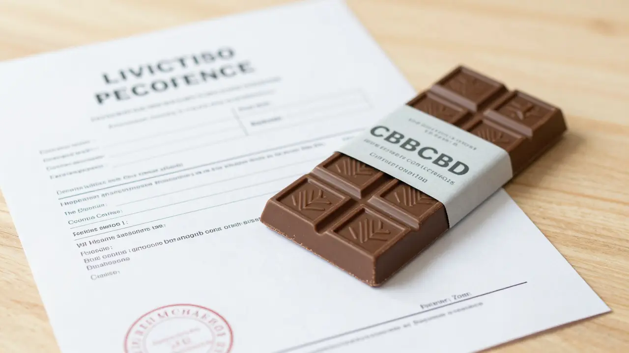 Čokoláda s CBD vedle certifikátu analýzy a lékařského předpisu