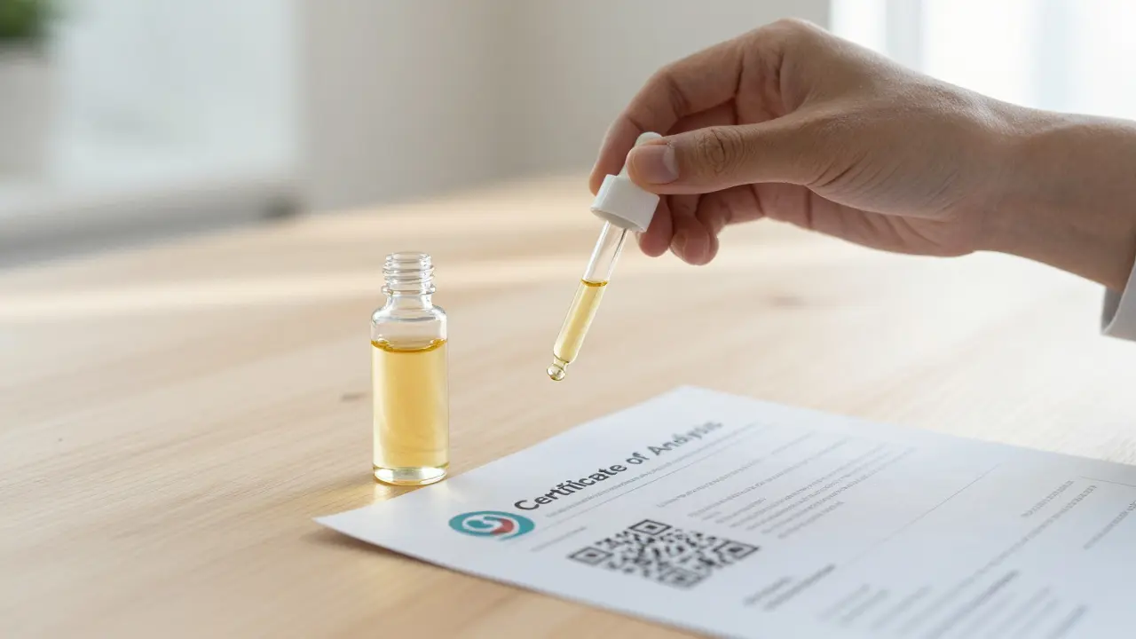 Kapečka konopného oleje vedle certifikátu analýzy pro bezpečné užívání