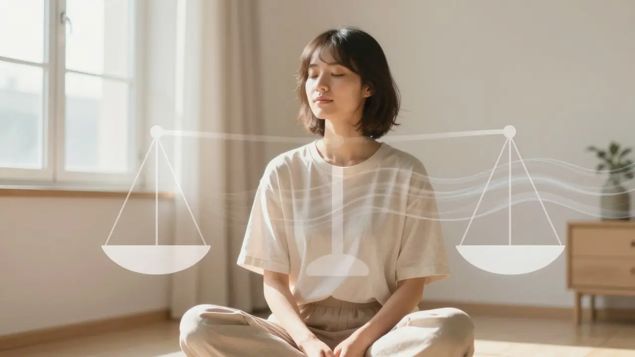 Klidná osoba v meditačním postoji symbolizující vyváženou dávku