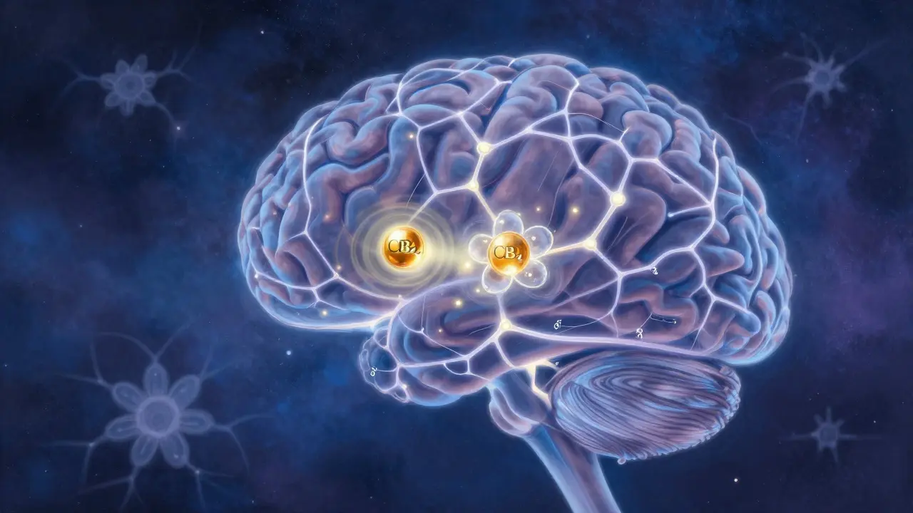 Konceptuální zobrazení endokanabinoidního systému a neuronů v mozku