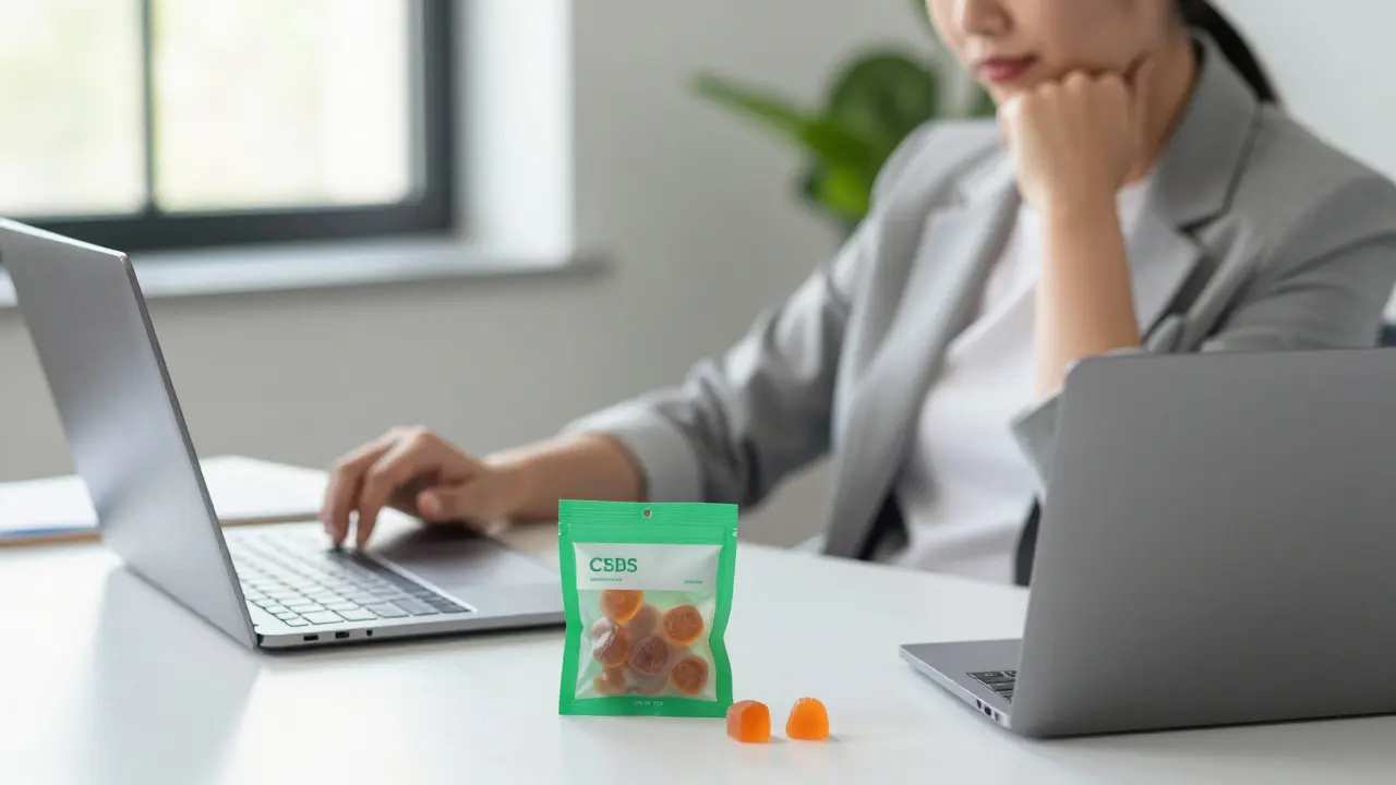 Pracovní stůl s diskrétním balíčkem CBD gum pro úlevu od bolesti