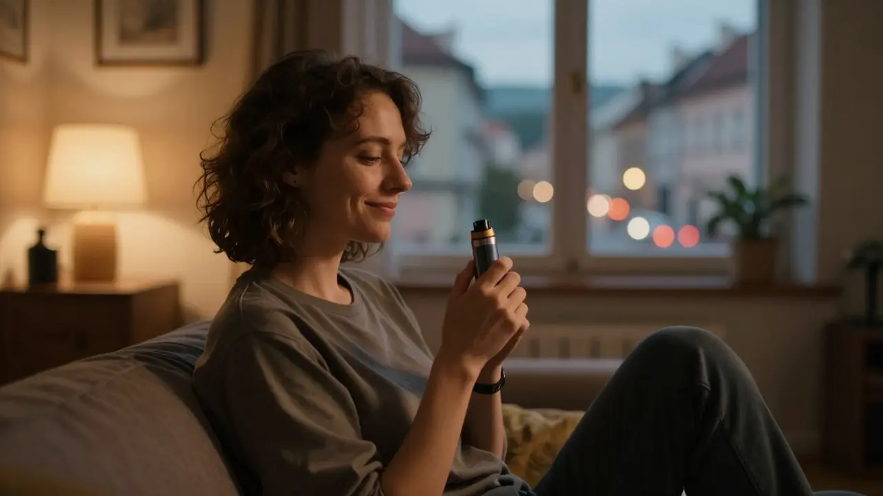 Relaxovaná osoba s vaporizérem v útulném obýváku při večerním světle