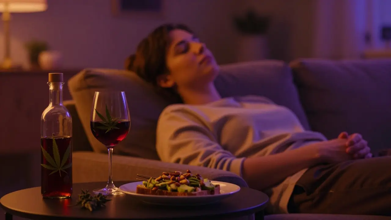 Relaxující osoba večer s konopným vínem a tukovým jídlem