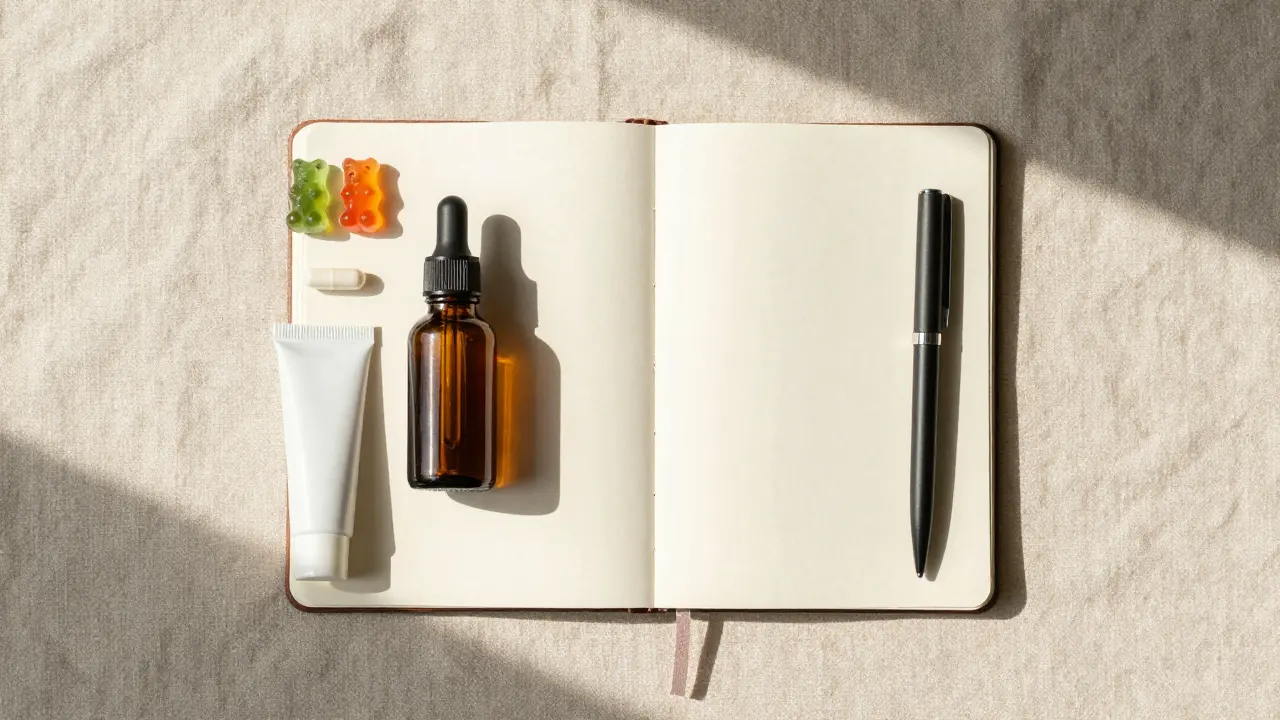 Různé formy CBD produktů rozložené na stole vedle deníku