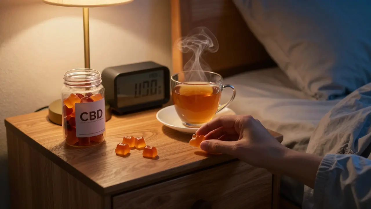 Uvolněná večerní scéna s CBD gumičkami na nočním stolku vedle čajové šálky v teplém světle.
