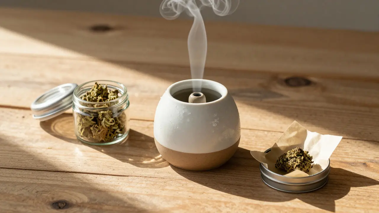 Vaporizér s CBD květem a hashem na stole