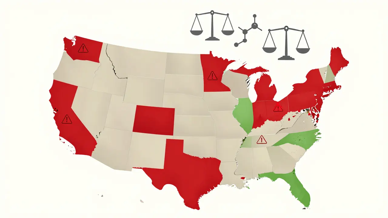 Abstraktní mapa USA s červenými státy a molekulami kanabinoidů