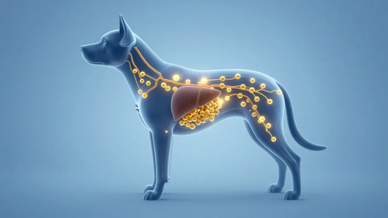 Abstraktní vizualizace metabolizace CBD v těle psa