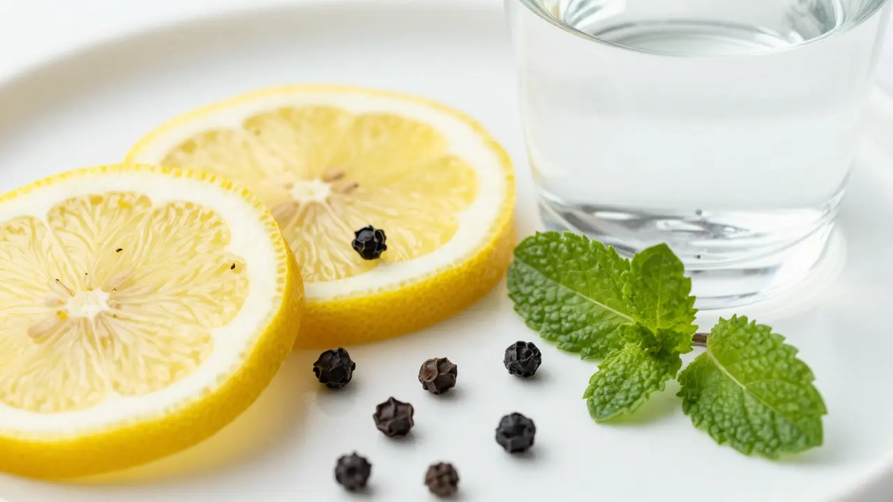 Citron, černý pepř a voda jako přírodní prostředky proti příliš silnému účinku
