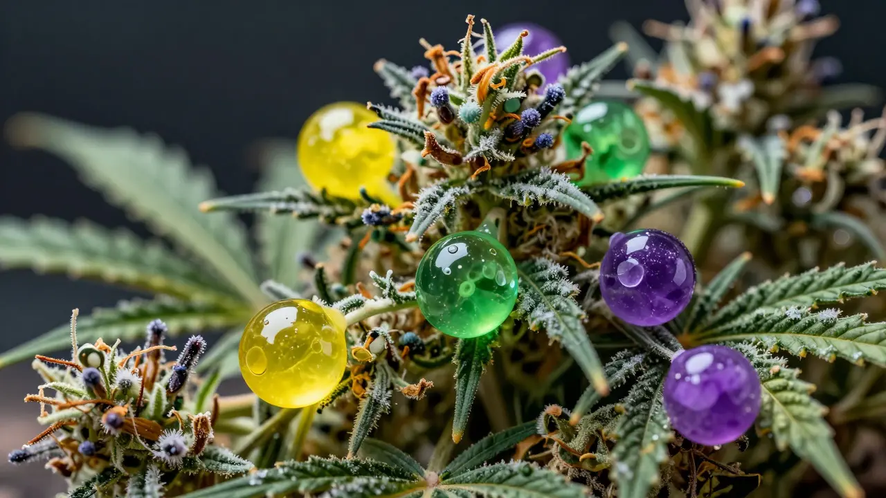Detail konopných květů s barevnými kapkami terpenů jako limonen a pinen