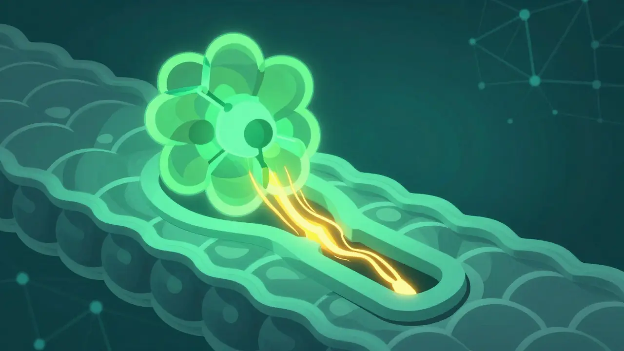 Konceptuální ilustrace molekuly H4CBD navazující na receptor s energií