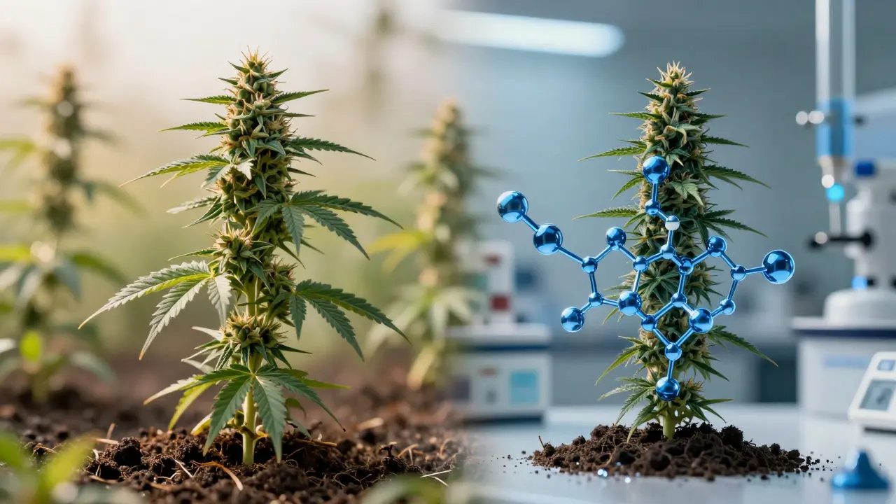 Konceptuální obrázek porovnávající přírodní konopí a syntetický H4CBD