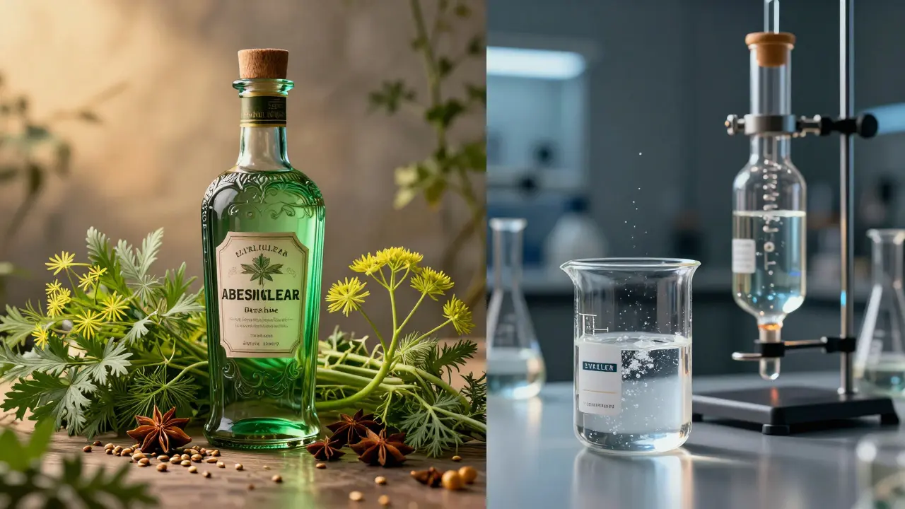 Kontrast mezi bylinkovým absintem a průmyslovým lihovem