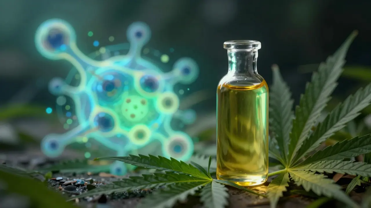 Láhve CBD oleje na konopných listech s efektem regenerace