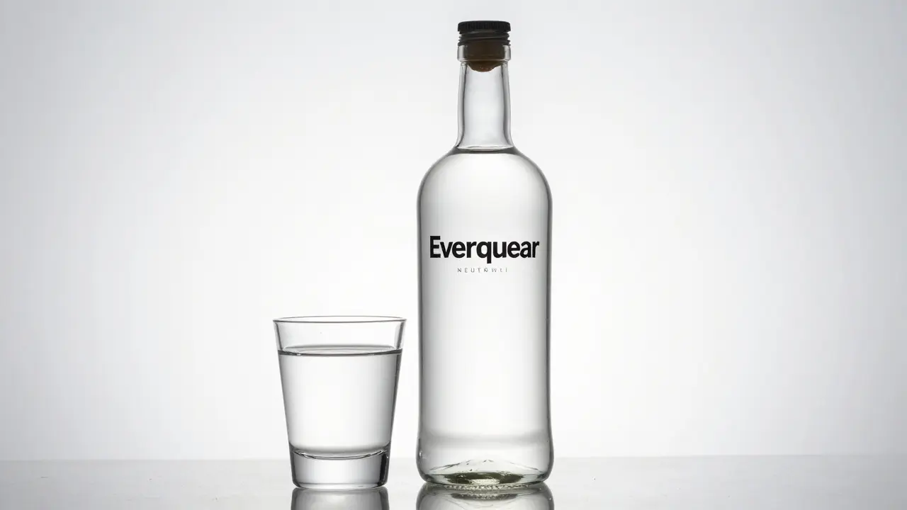 Lahvička čistého lihu Everclear a sklenice průhledné tekutiny