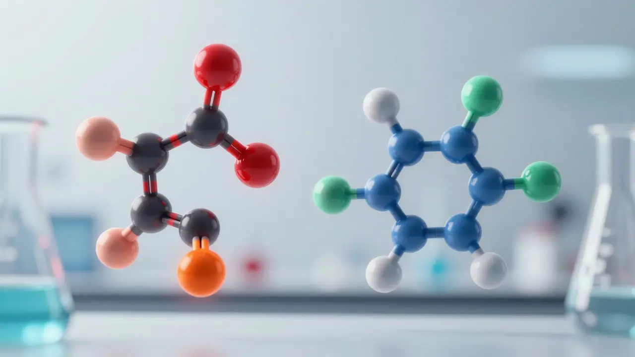 Makro záběr molekul THC a CBD v laboratorním prostředí s důrazem na jejich rozdíly