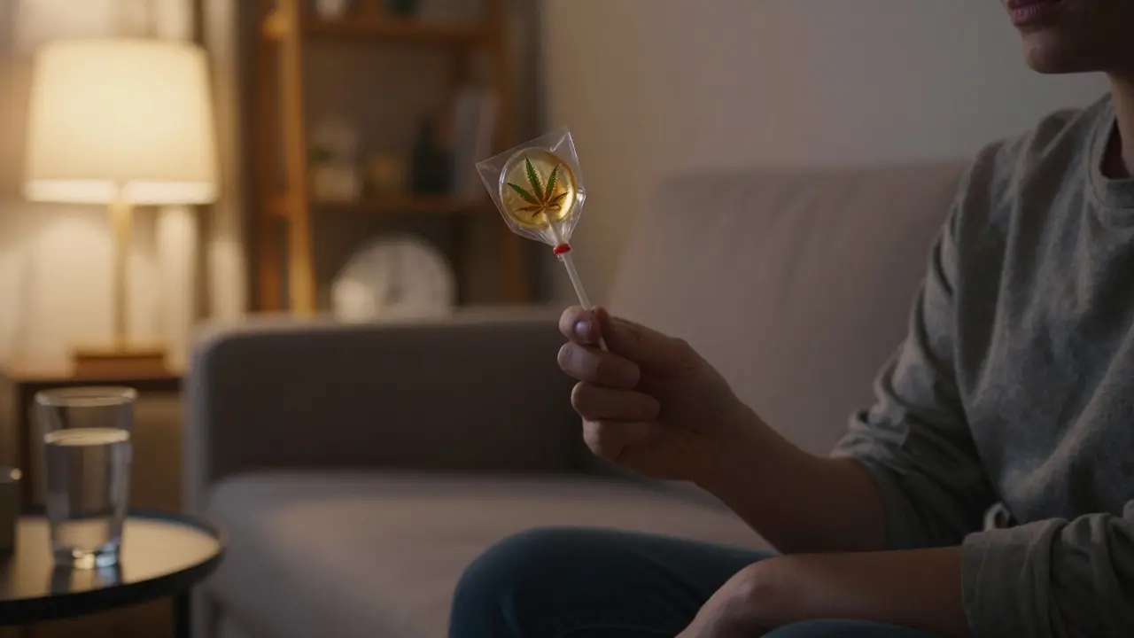 Osoba s konopnou lizíčkou na gauči, atmosféra čekání a klidu při užití edibles
