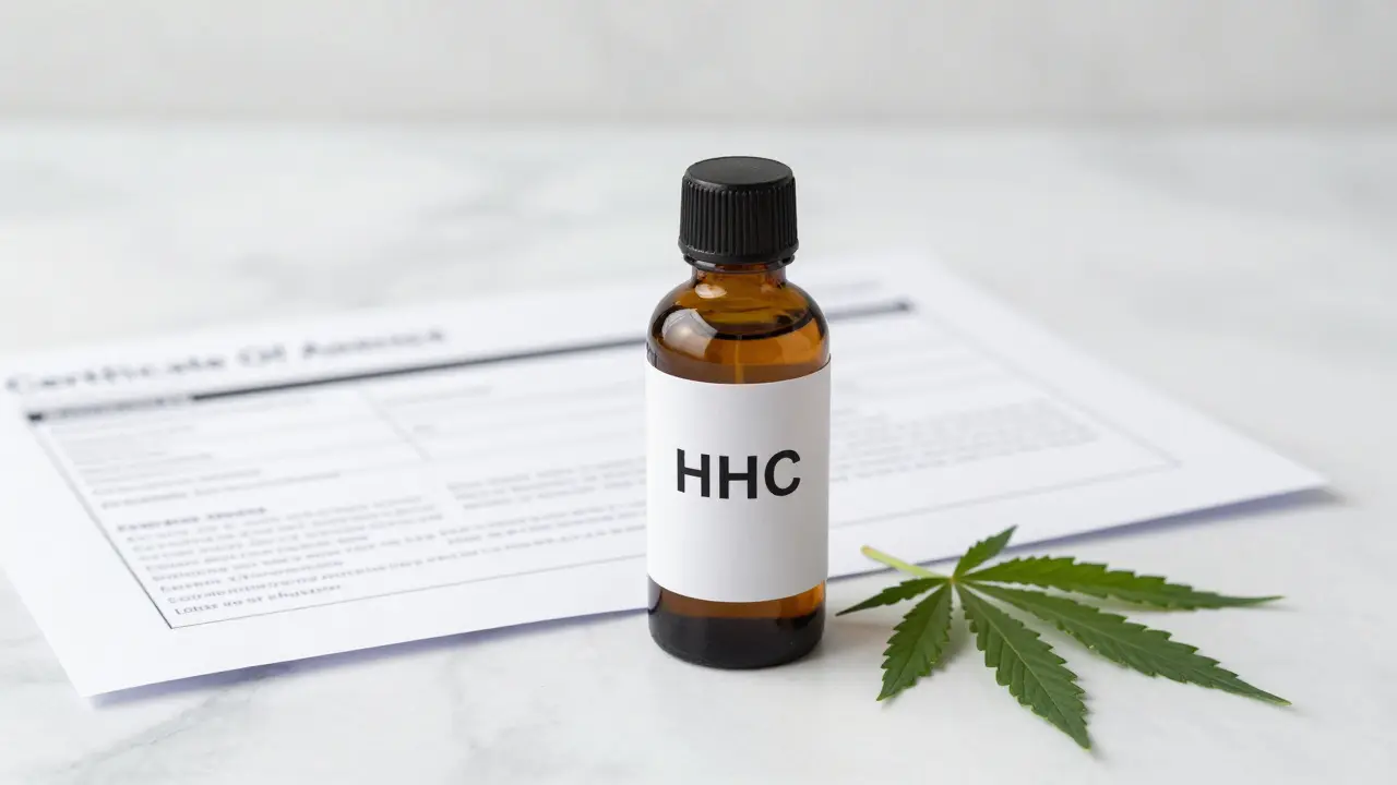 Prémiová lahvička HHC oleje s certifikátem kvality na mramoru