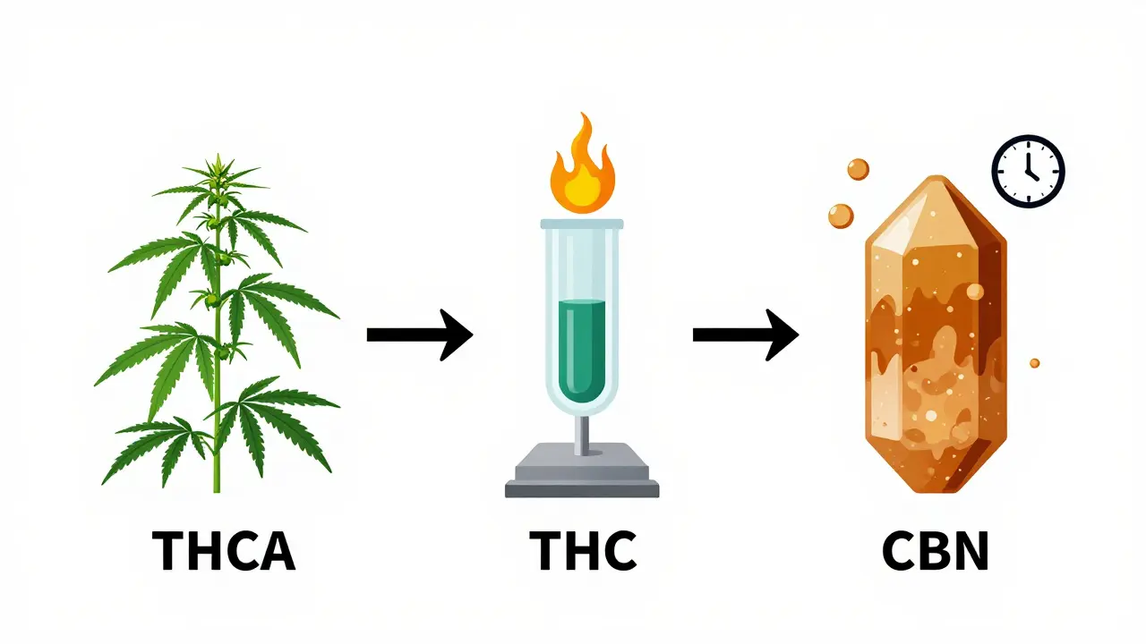Schéma chemické změny THC na CBN pomocí tepla a času