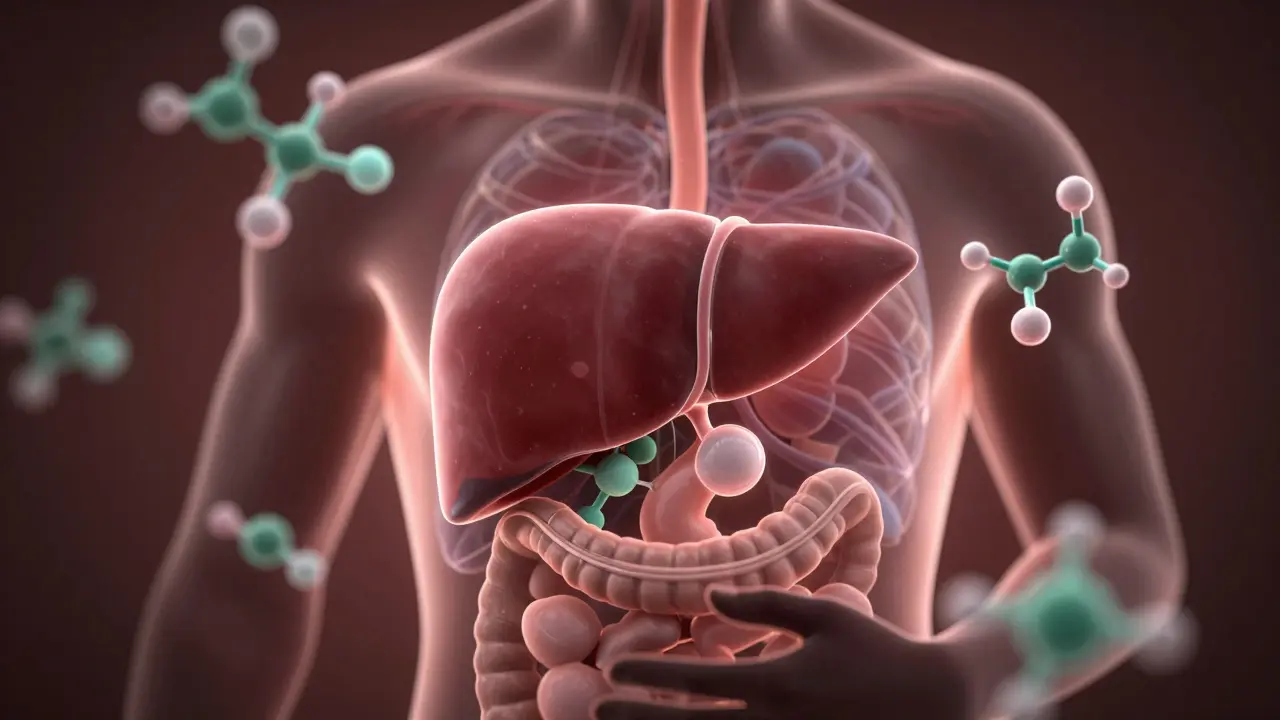 Anatomické zobrazení jater s molekulami CBD, ukazující metabolický proces