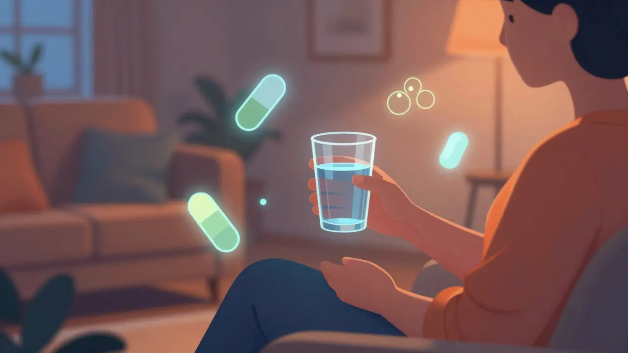 Atmosférická ilustrace klidné relaxace po konzumaci konopných edibles doma.