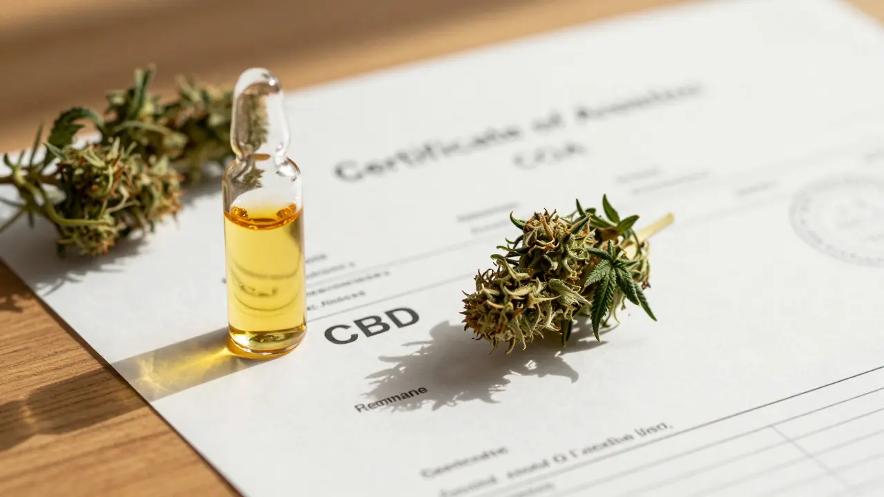 Certifikát analýzy ležící vedla lahvičky CBD oleje a konopné květiny