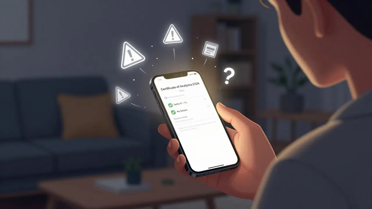 Člověk kontrolující certifikát analýzy produktu na chytrém telefonu
