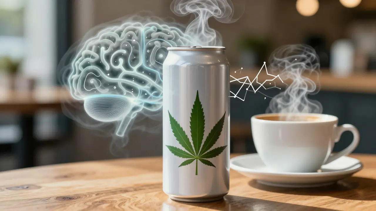 Energetický nápoj s CBD vedle kávy, zobrazující klidnou energii oproti nervozitě z kofeinu.