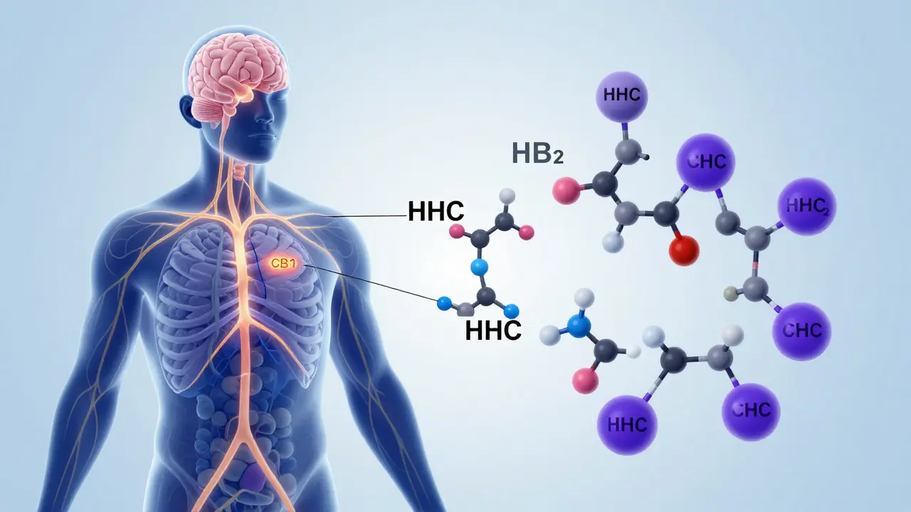 Ilustrace endokanabinoidního systému s molekulami HHC a receptory