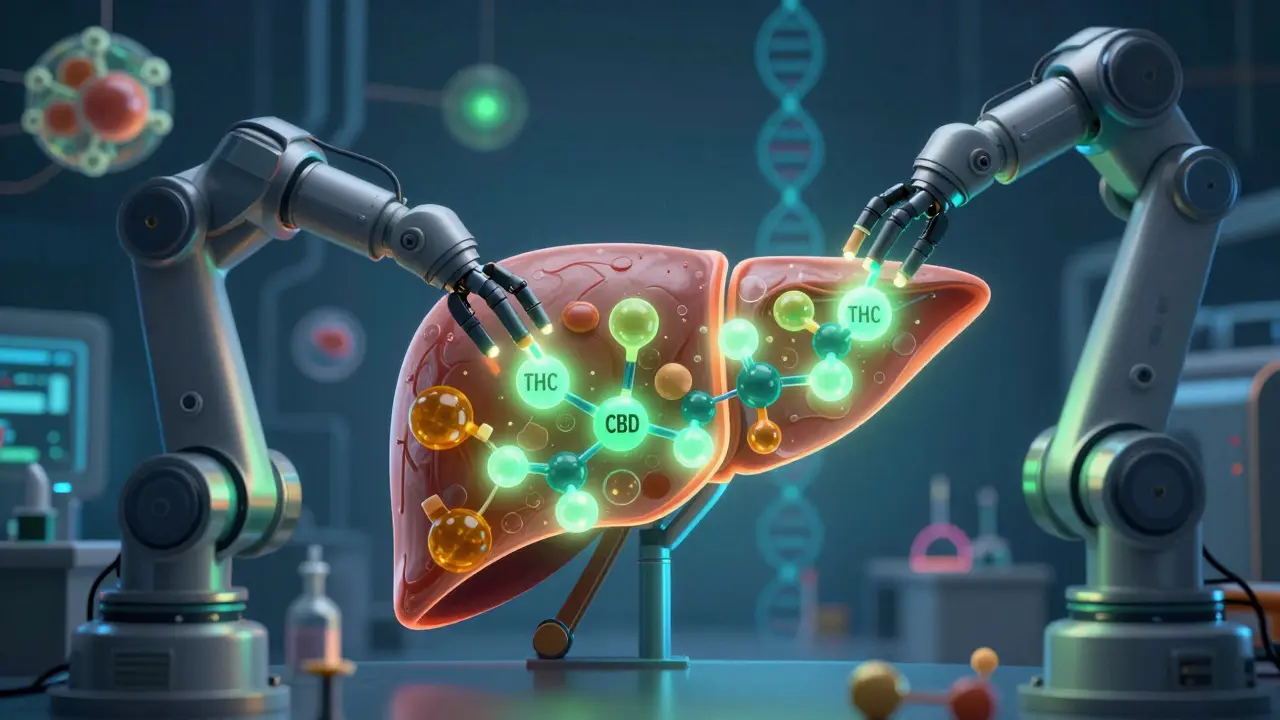 Ilustrace jater jako továrny, kde enzymy zpracovávají molekuly THC a CBD různé rychlostí.