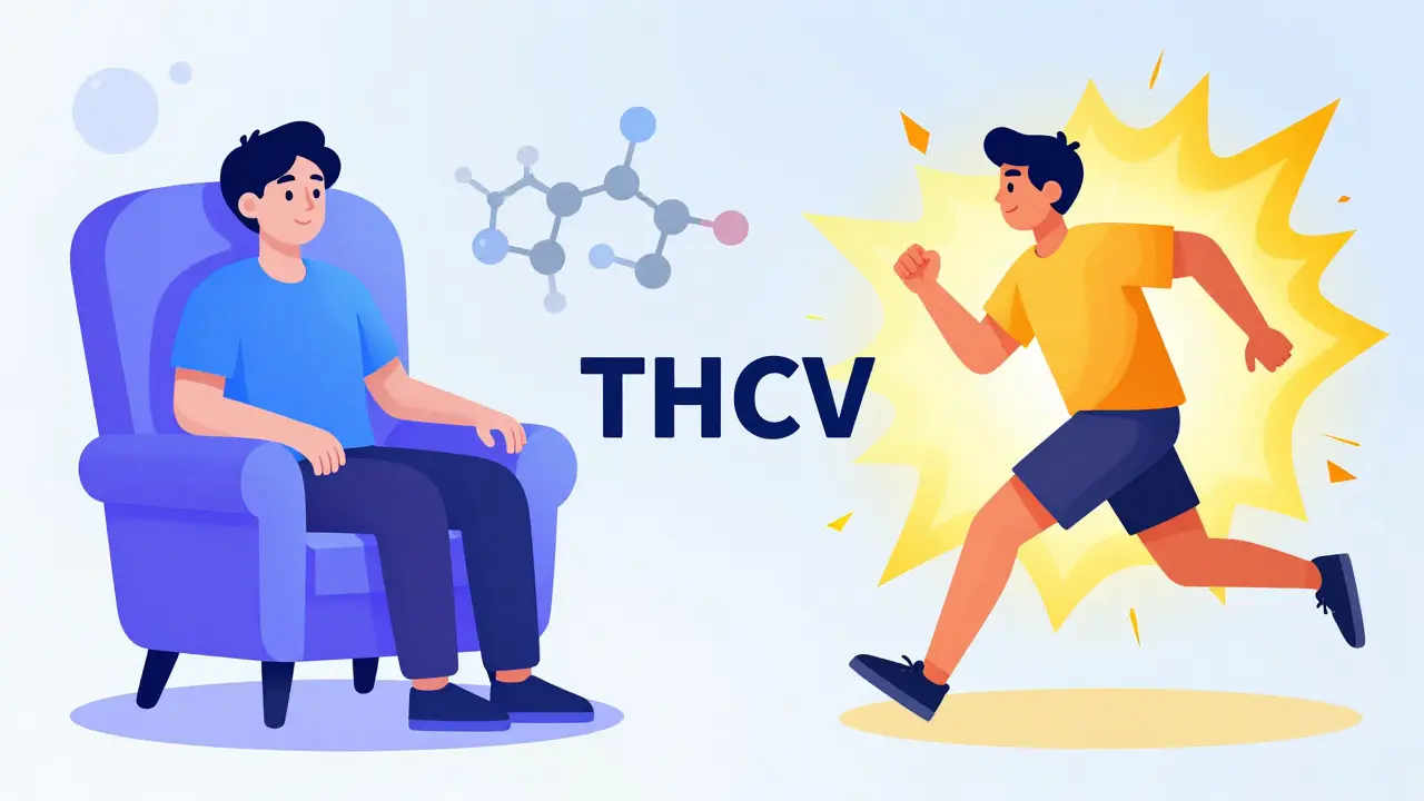 Ilustrace kontrastu mezi relaxací Delta-8 a energií THCV
