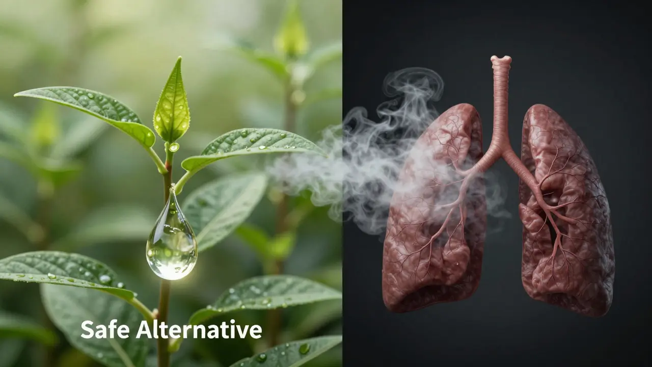 Konceptuální umění srovnávající bezpečné alternativy CBD a rizika inhalace.