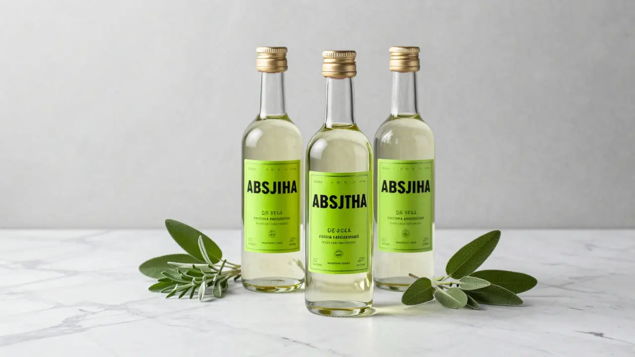 Kvalitní láhve absintu s čerstvými bylinami na mramorovém stole