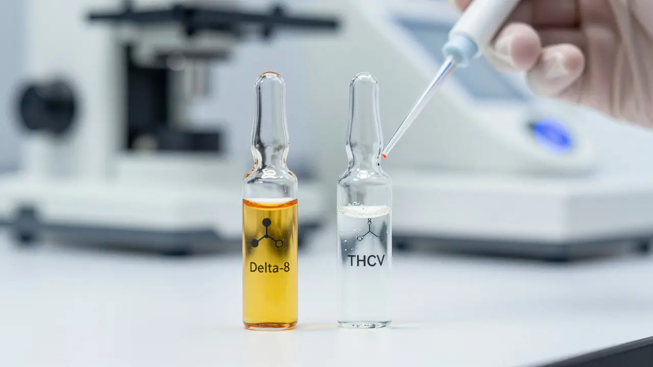 Laboratorní zkumavky s oleji Delta-8 a THCV na bílém stole