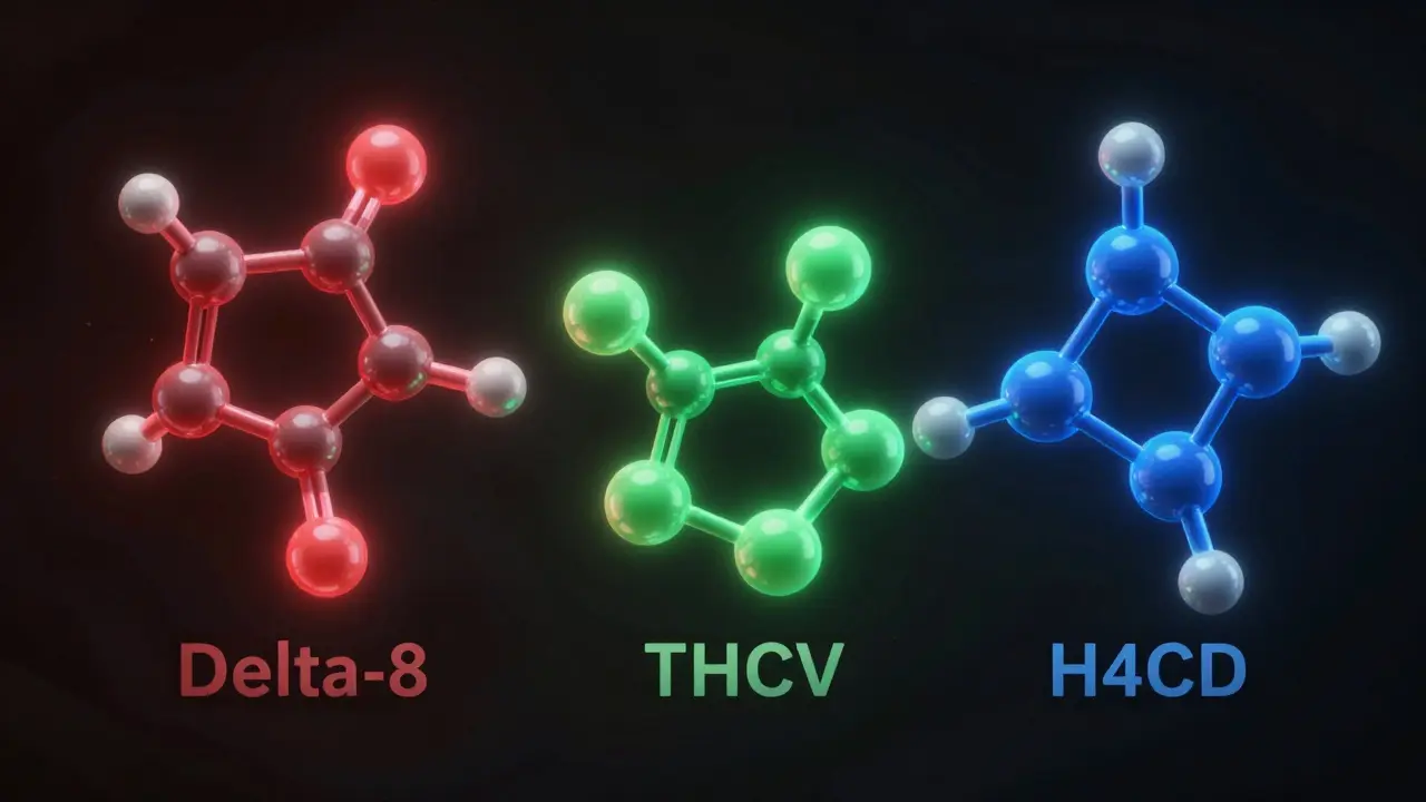 Molekulární modely kanabinoidů Delta-8, THCV a H4CBD