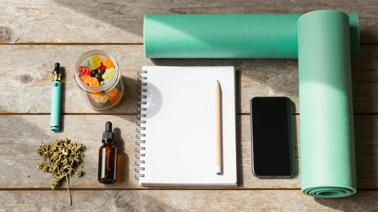 Různé formy HHC produktů jako gummy a vape vedle kreativních předmětů