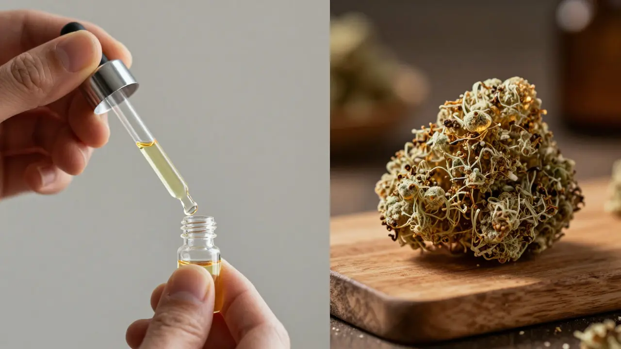 Srovnání podjazyčného oleje a CBD hashiše na neutrálním pozadí