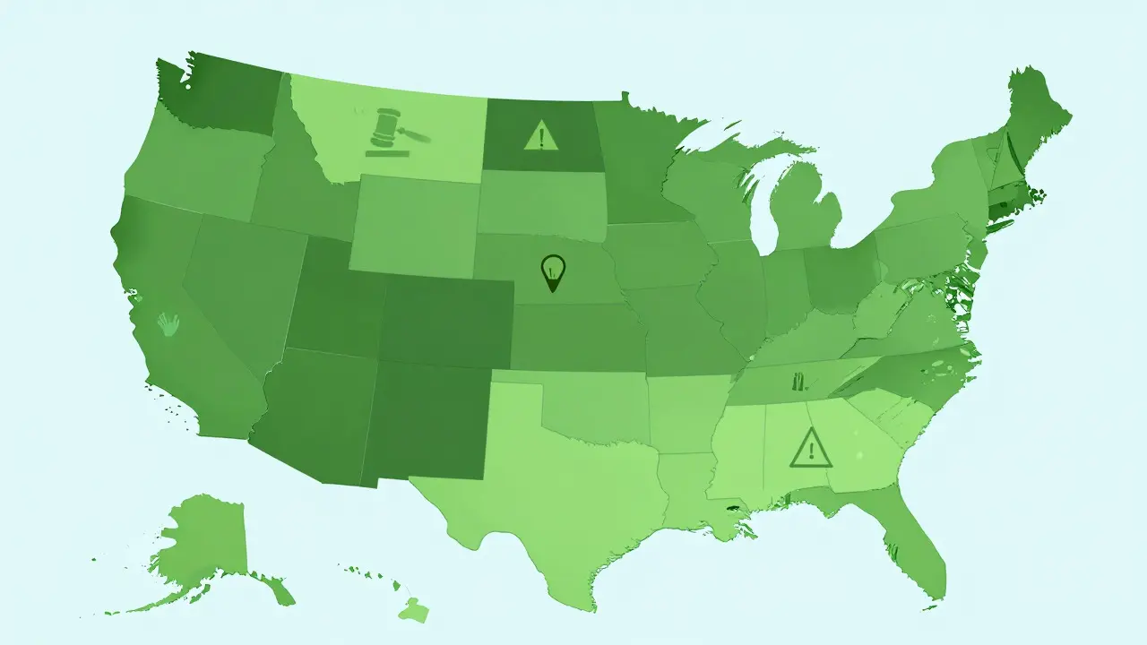 Stylizovaná mapa USA zobrazující rozdílné státní regulace pro prodej CBD