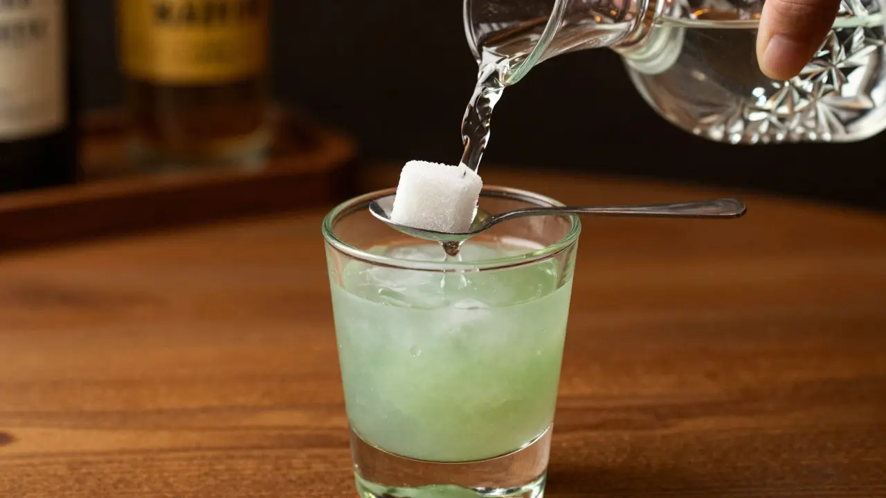 Tradiční rituál pití absintu: voda se nalévá přes cukr do sklenice
