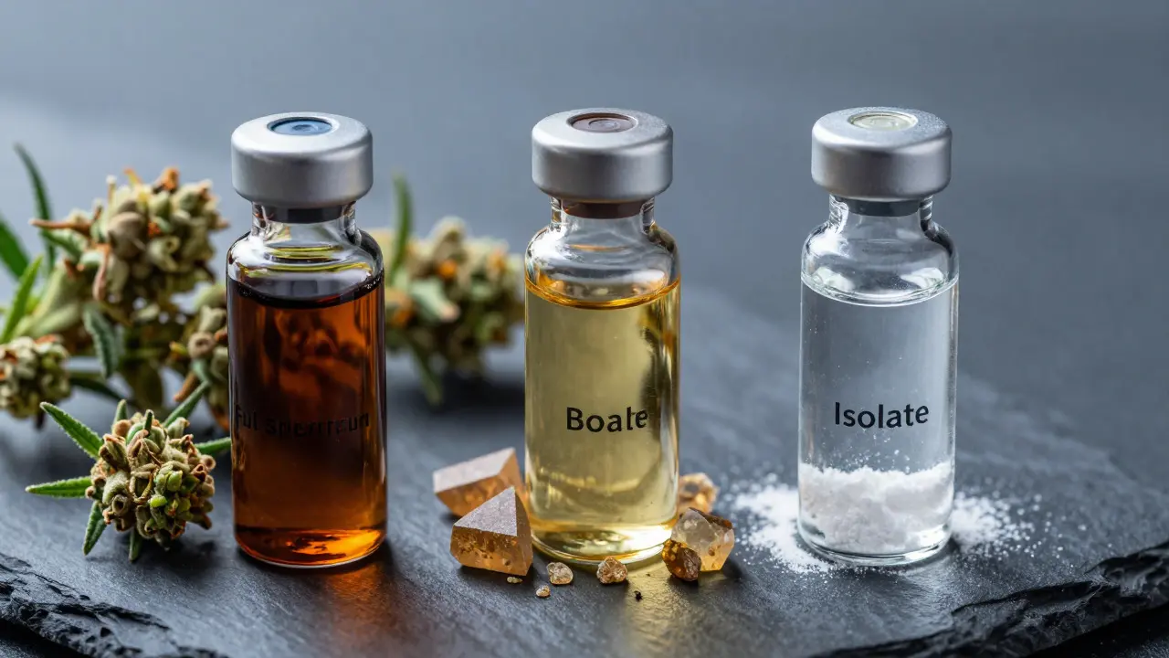Tři skleněné lahvičky ukazující různé typy CBD extraktů