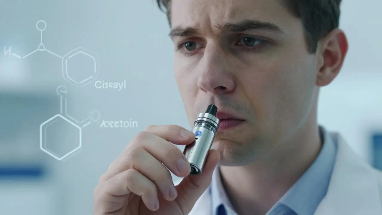 Záběr na vapinku s CBD kazetou v laboratorním prostředí s chemickými symboly.