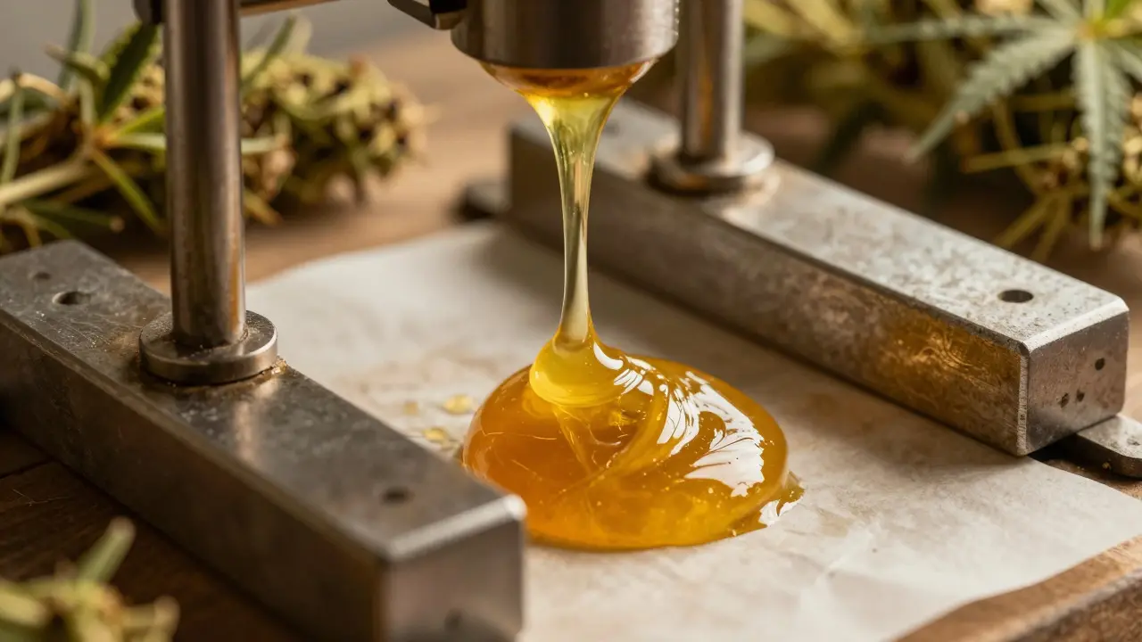 Zlatožlutý CBD rosin vytékající z lisu
