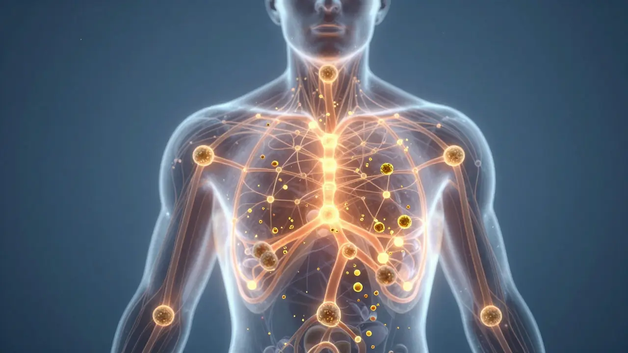 Abstraktní vizualizace interakce CBD s endokanabinoidním systémem