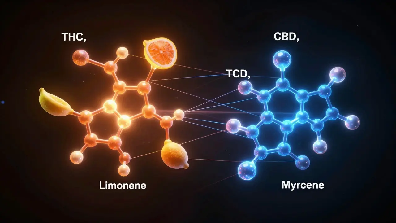 Abstraktní vizualizace interakce kanabinoidů a terpenů