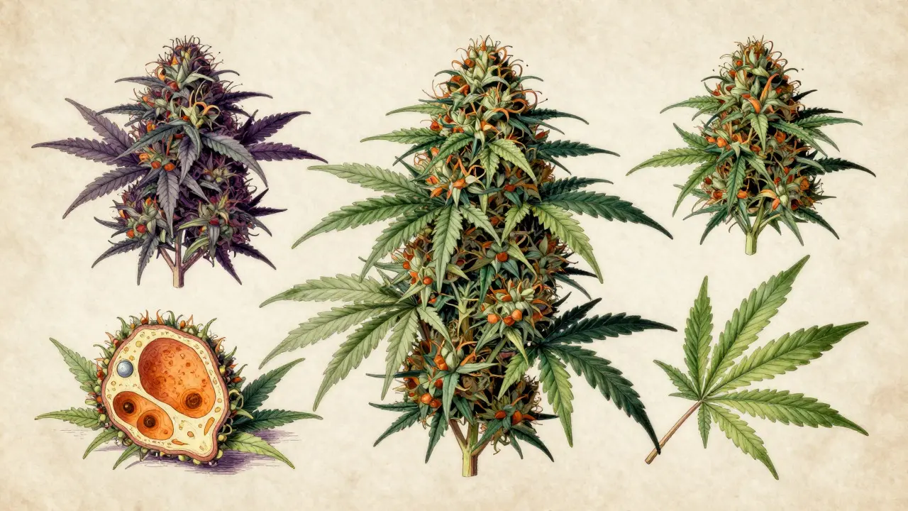 Botanická ilustrace konopných květů s detailními barvami terpenů