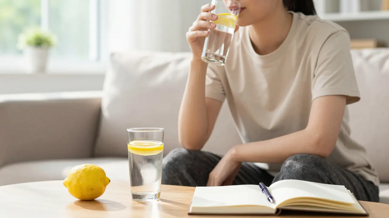 Člověk pije citronovou vodu pro hydrataci a úlevu