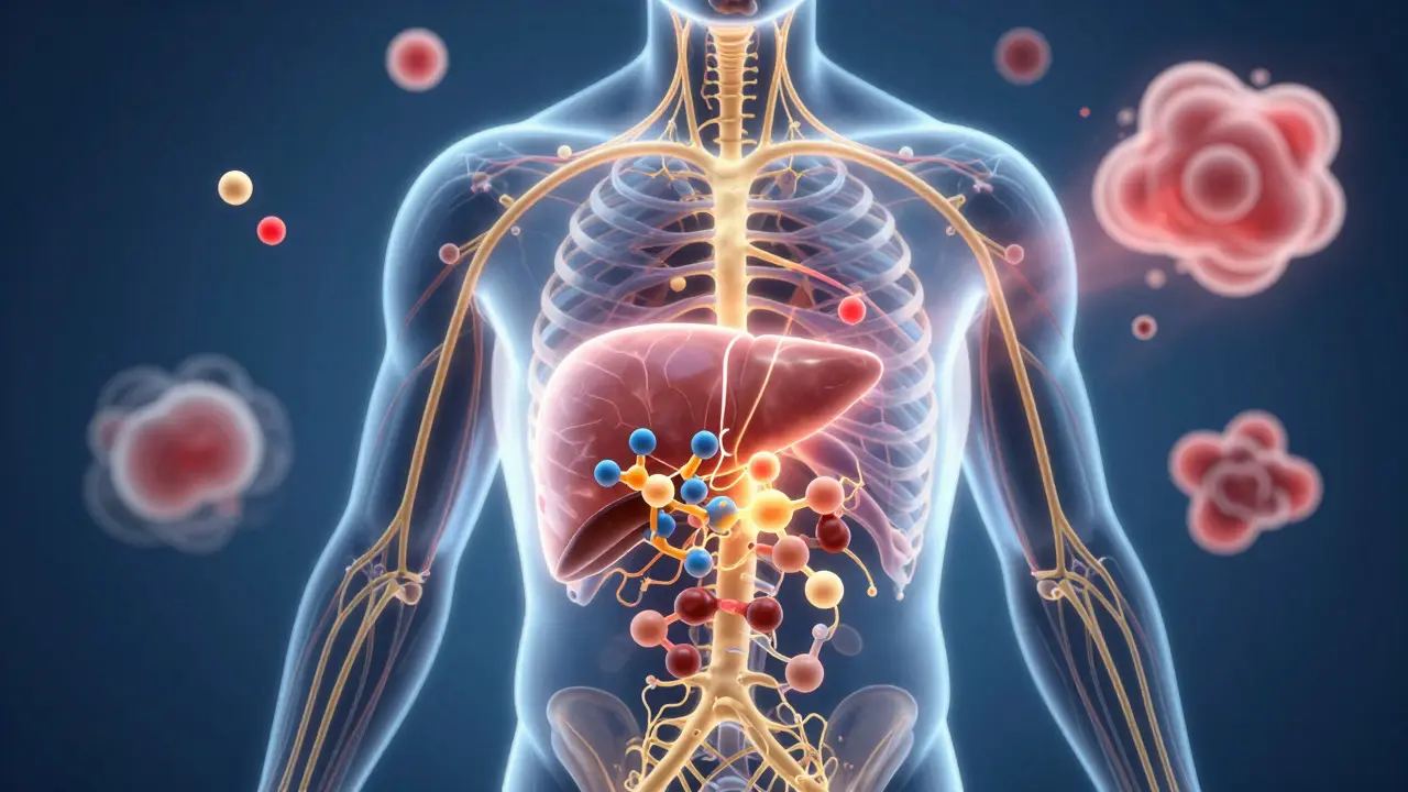 Conceptual illustration of CBD metabolism in the human liver and nervous system